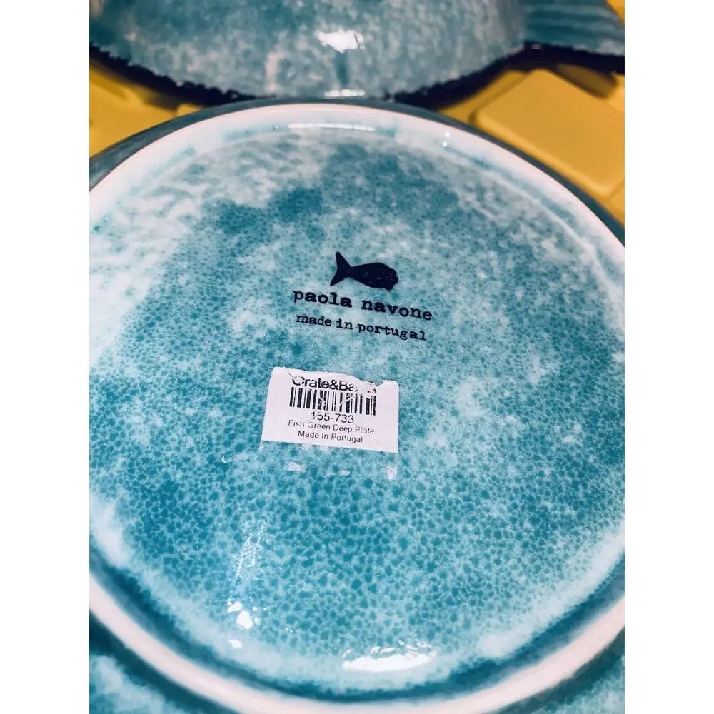 X2 Lot Paola Navone Fish Deep Serving Plate Bowl Teal & Black Crate & Barrel 12”